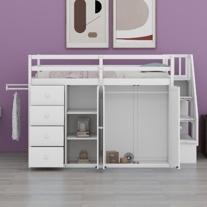 Lit mezzanine en bois avec armoires encastrées, Blanc