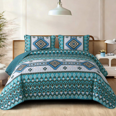 3-Piece Aztec Texture Boho Quilt Set Geometric Western Bedspread Coverlet Bed Cover with 2 Pillowcases