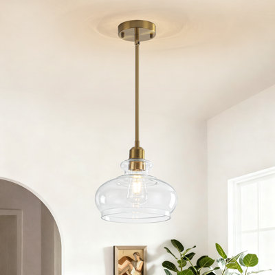 Single Light Brushed Gold Pendant Light with Clear Jar Shaped Glass Shade