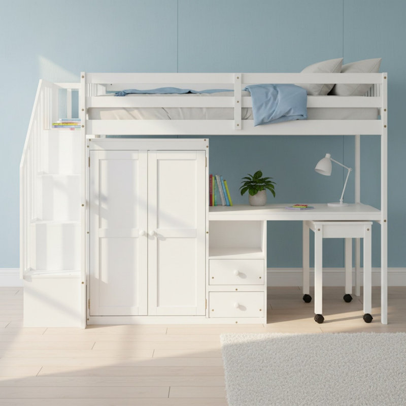 Lit mezzanine avec rangement et bureau, Simple, Blanc