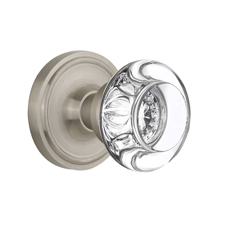 Classic Rosette with Round Clear Crystal Door Knob, 2-3/8", Satin Nickel