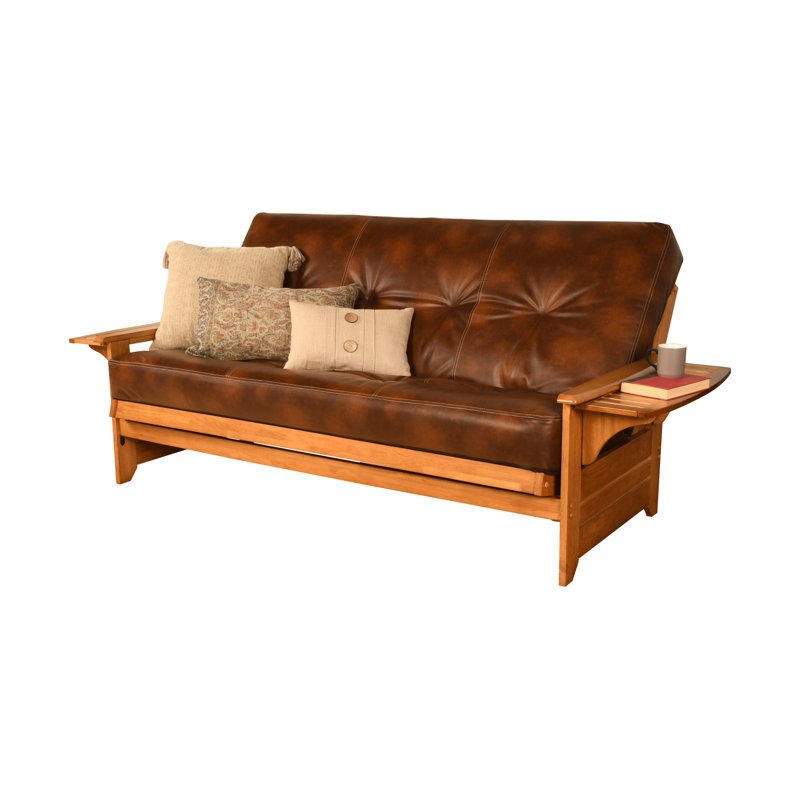 Futon double avec matelas Stratford, Noyer cendré, Similicuir caramel piste de l’Oregon
