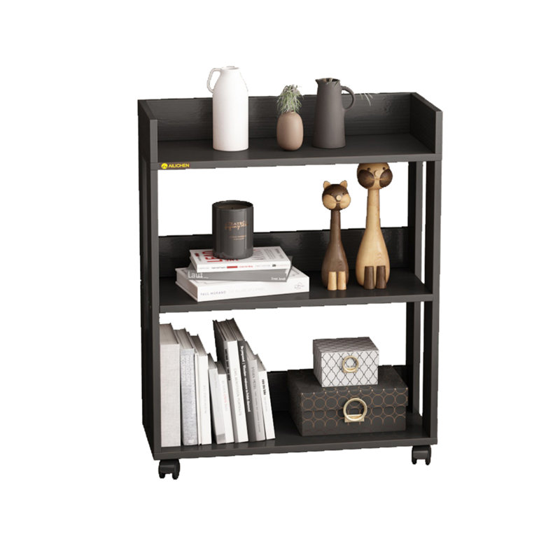 Small Bookshelf and Bookcase, 3 Tier Wood Nightstand with Wheels,Black
