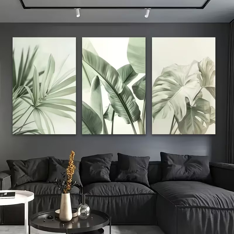 Ensemble de 3 toiles modernes à motifs de feuilles de palmier et de monstera vert sauge, montées sur châssis, pour salon, 40 x 90 cm (16 x 36 pouces).