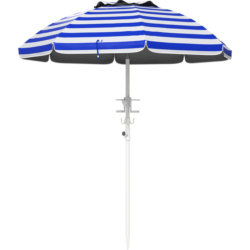 Parasol portatif de 40 ans et plus, système réglable et inclinable, auvent protégé, 2 crochets pour porte-gobelets, rayure bleue et blanche ventilée en hauteur et inclinable, protection, abat-jour