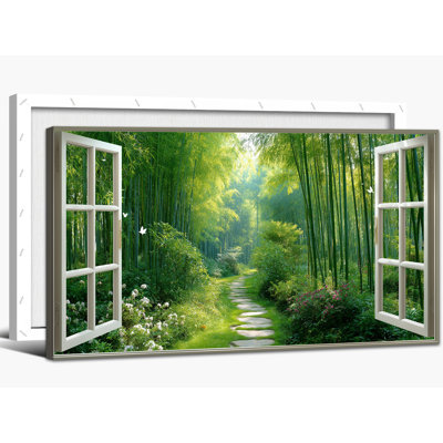  Fenêtre, art mural, toile de forêt printanière, fenêtre ouverte, paysage grand paysage, œuvre d'art, impression de nature horizontale pour le salon ou la chambre à coucher, 16 x 32 pouces