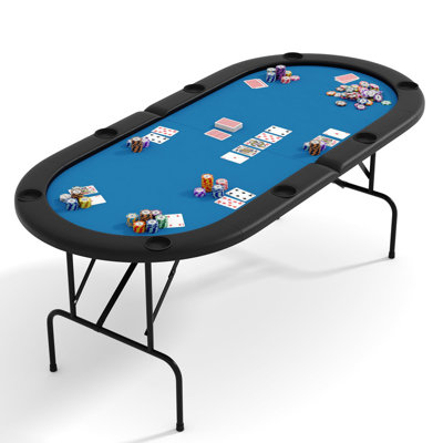 8 Player Oval Poker Game Table, 82" Poker Tables with Collapsible Legs, Padded Rails & Cup Holders, Portable Poker Table for Texas Holdem Poker and Blackjack