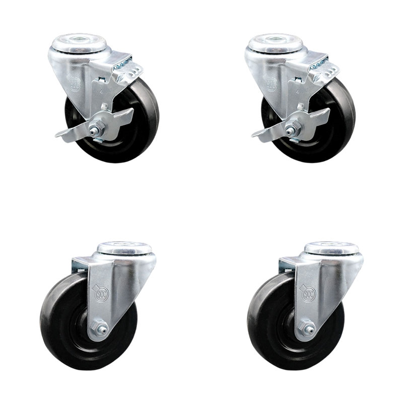 4 Inch Hard Rubber Wheel Swivel Bolt Hole Caster Set with 2 Brake Service Caster