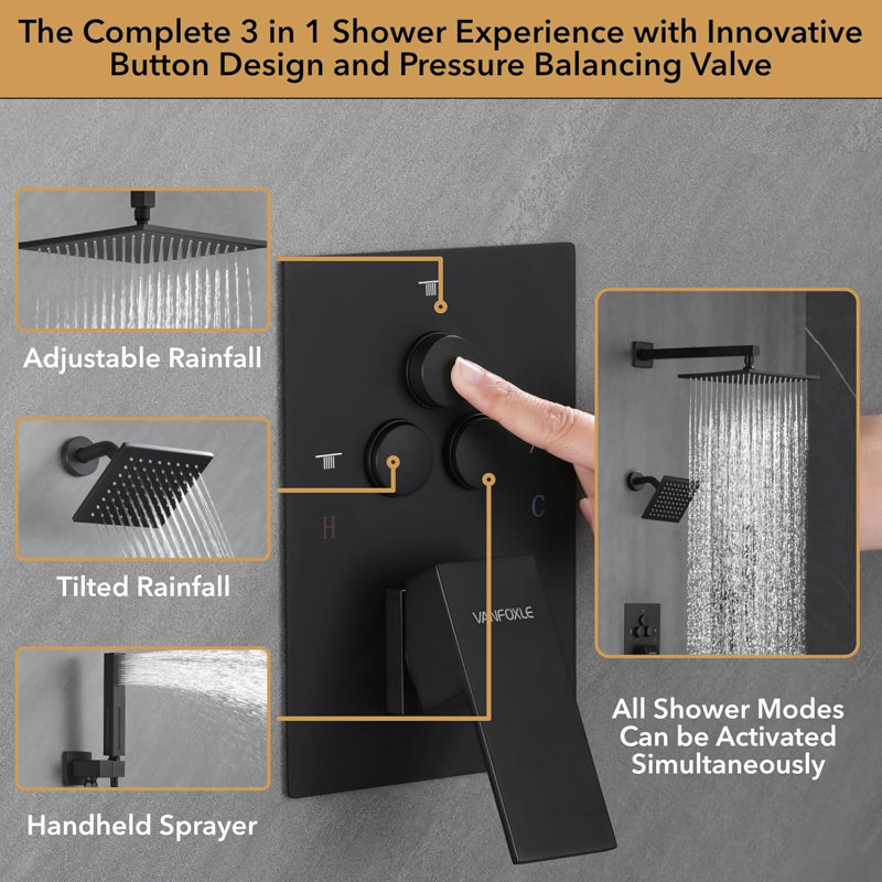 VANFOXLE Shower System With Push Button Diverter, 2-In-1 Handheld Shower Head, High Pressure Rainfall Shower, Anti-Scalding Valve, And Durable Wall Mount Design
