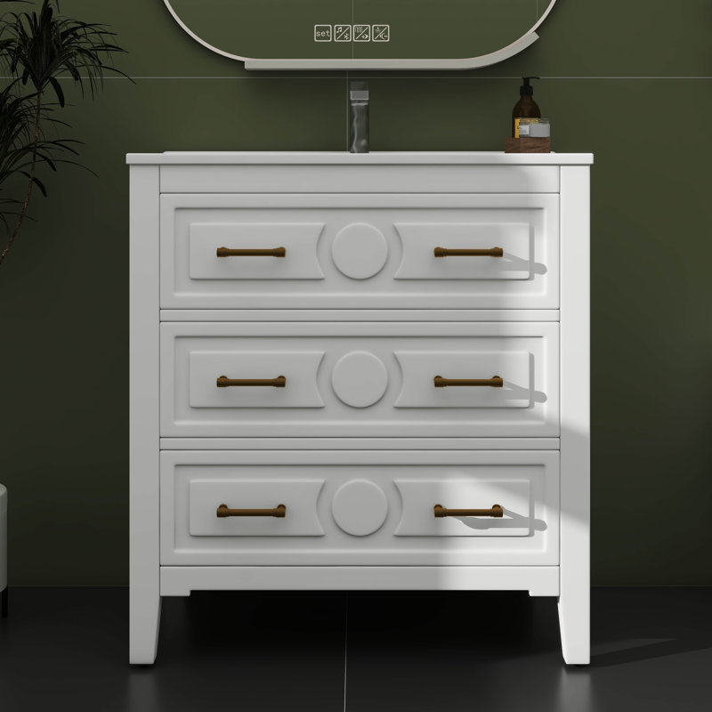 Armoire de rangement de salle de bain 30 po avec cadre en bois massif et 3 tiroirs, Blanc