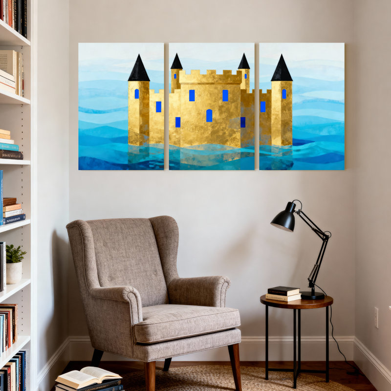 Château doré avec fenêtres bleues et tours noires, ensemble de 3 impressions sur toile, H 30 po x l 60 po