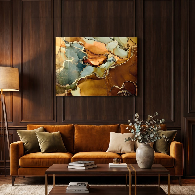 Art mural en verre trempé, agate liquide dorée et marbre fluide