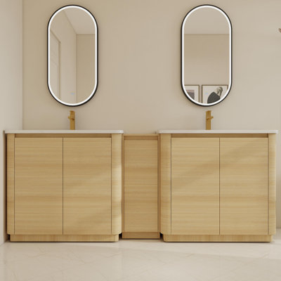 84"Freestanding Double Bathroom Vanity Set With Ceramic Sinks And Adjustable Shelves