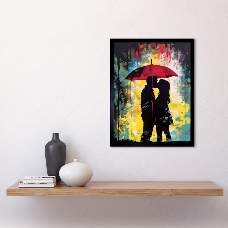 Lenglen Couple Silhouette Kissing Under A Red Umbrella - Single Picture Frame Print