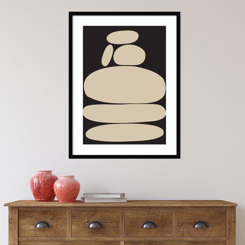 Zen River Rocks noir et brun clair par le Creative Bunch Studio - impression, Cadre noir, H 33 po x l 25 po