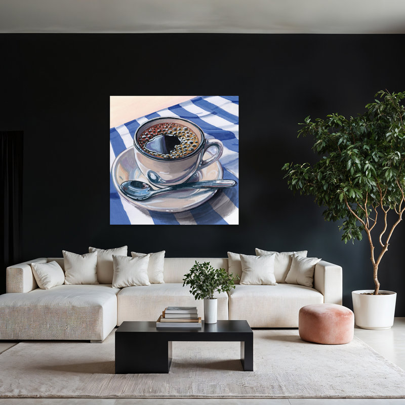 Café noir sur toile rayée, art contemporain, H 48 po x l 48 po