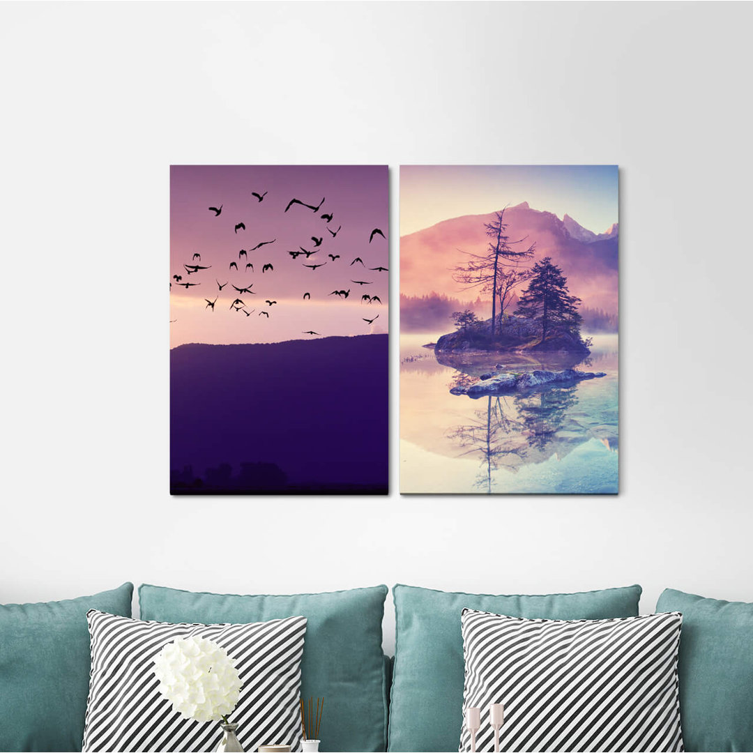 2-tlg. Leinwandbilder-Set - Fotografie „Swarm of Flying Birds Mountains Lake Nature Dusk Twilight Dreamlike”