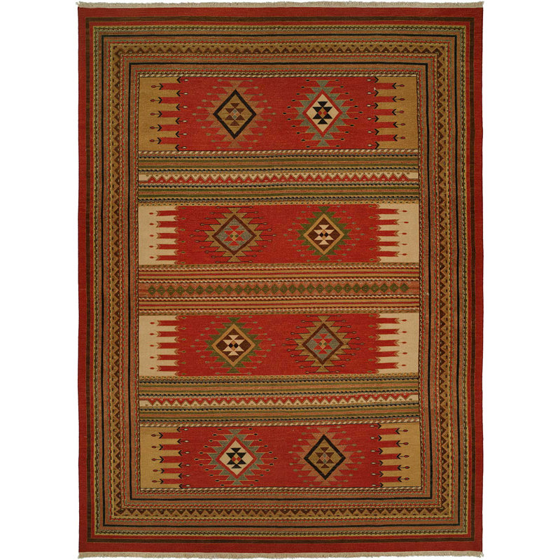 Tapis géométrique en laine tissé à plat à la main rouille / rouge / vert, Rectangle 4 pi x 8 pi