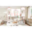 Lit superposé double au-dessus de double en bois massif avec toit, fenêtres, bibliothèque de rangement et tiroirs, design détachable, blanc et rose-1032568385