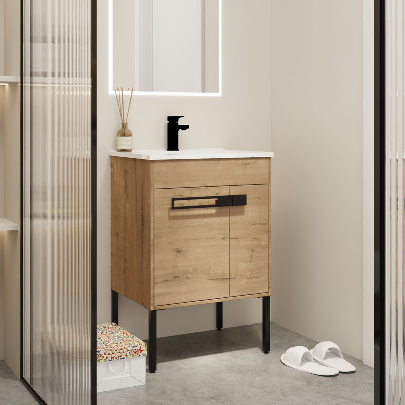 24'' Single Bathroom Vanity with Ceramic Top, Imitative Oak