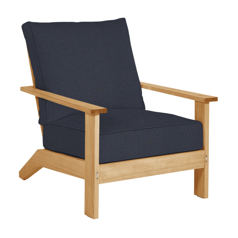Ashland Patio Lounge Chair with Cushions, Welt, Natural Teak, Linen Navy