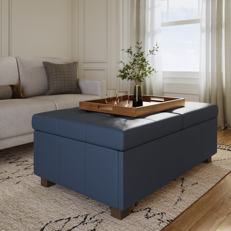 Brayce 47'' Wide Faux Leather Ottoman, Blue Faux Leather