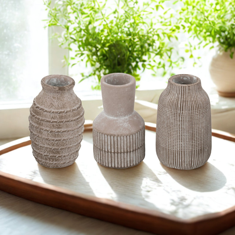 S/3 Small Brown Sand And Cement Vases With Sculptural Designs A:3.7X3.7X6" B:3.5X3.5X6" C:3.7X3.7X6"