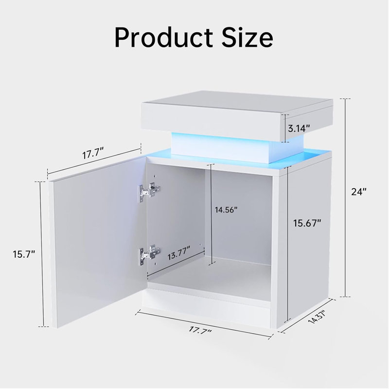 Nightstand Set Of 2, Led Nightstand With One Cabinet, Bedside Table With Led Lights, Modern End Side Table For Bedroom, White