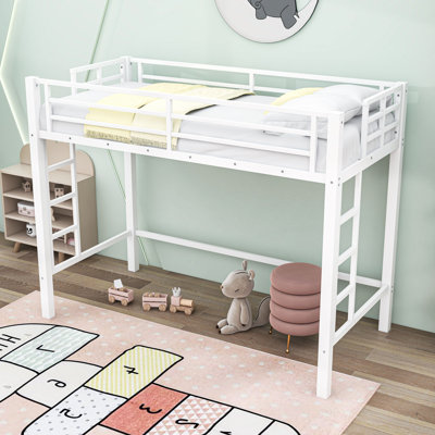 Metal Loft Bed with Dual Ladders and Slats,Guardrails