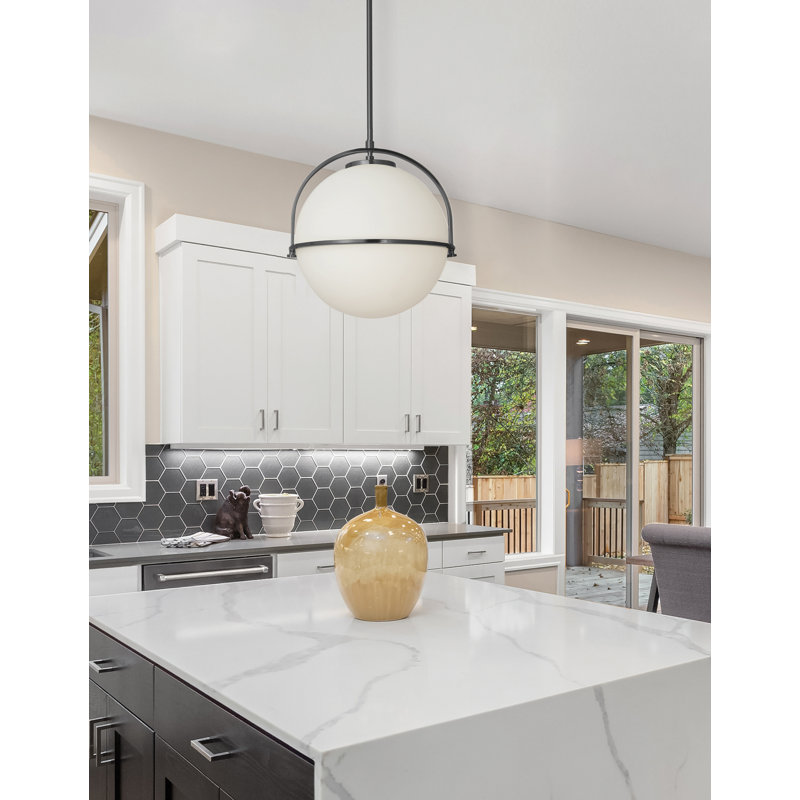 Luminaire suspendu 1 lumière Paola - Verre opale blanc, Noir mat