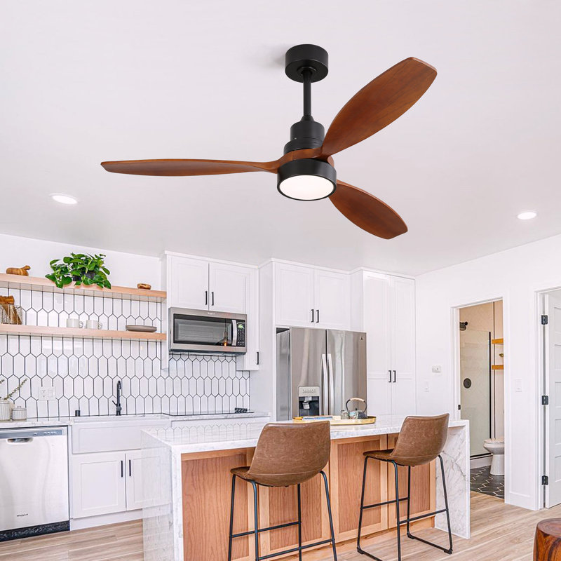 52 Inch Integrated LED Indoor Low Profile Ceiling Fan With Light And Remote Control For Patio Living Room, Black, Brown