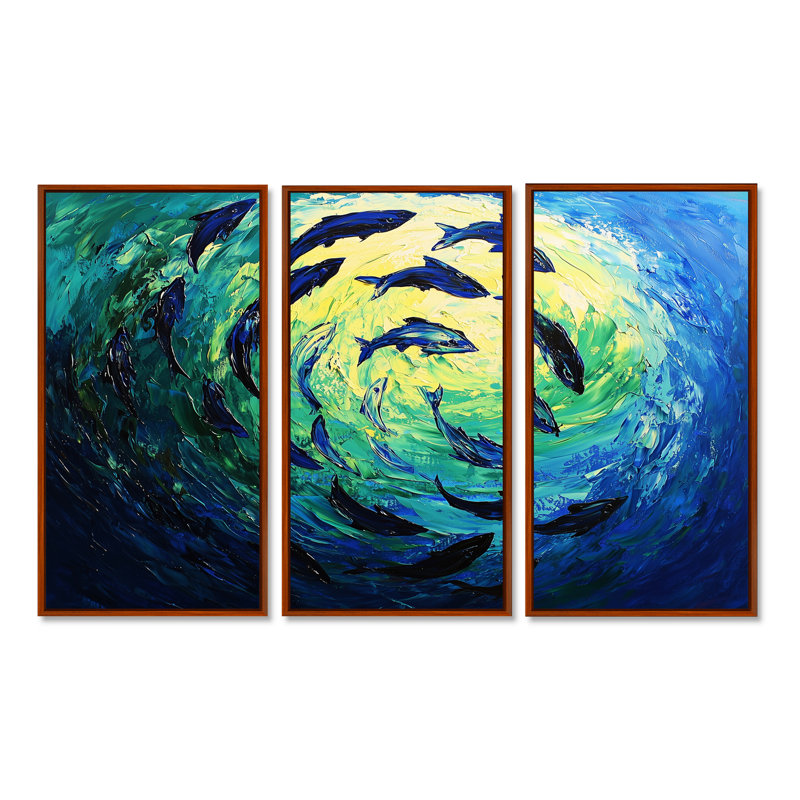 Thon nageant - ensemble d'art mural requin, H 40 po x l 60 po, Brown, Reproduction avec cadre flottant