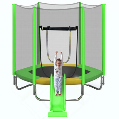 Trampoline for Kids with Safety Enclosure Net, Slide and Ladder, Easy Assembly ,Regular Hexagon Outdoor Recreational Trampoline