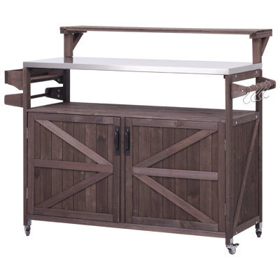 K&K 53.3" Outdoor Kitchen Island With Raised Shelf, Solid Wood Storage Cabinet With Stainless Steel Top, Outdoor Rolling Grill Cart With Internal Storage Rack, Adjustable Shelf, Spice Rack, Brown