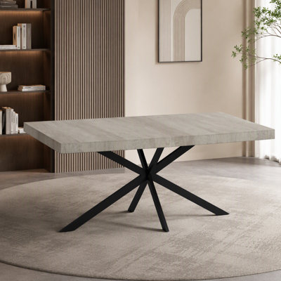 55.11'' -70.86"Retro Rectangular Stretch Dining Table, Grey Carole Top With Black Embossed Center Plate, Black Fine Sand Cross Iron Foot Base Dining T