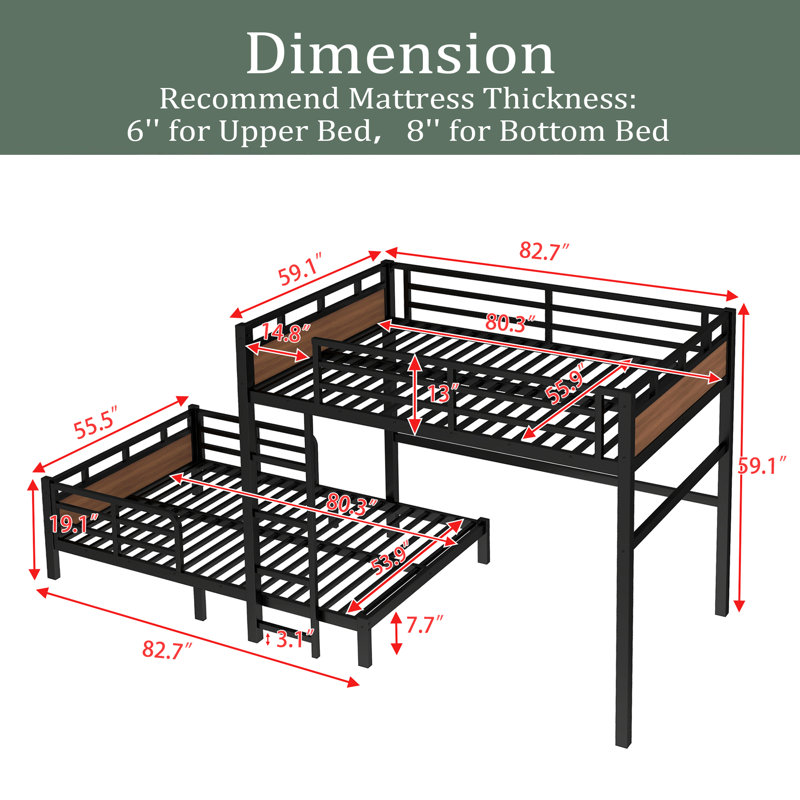 Metal Bunk Bed/Metal Loft Bed,Separable Bunk Beds,With Raised Security Fence, Walnut, Full XL Over Full XL