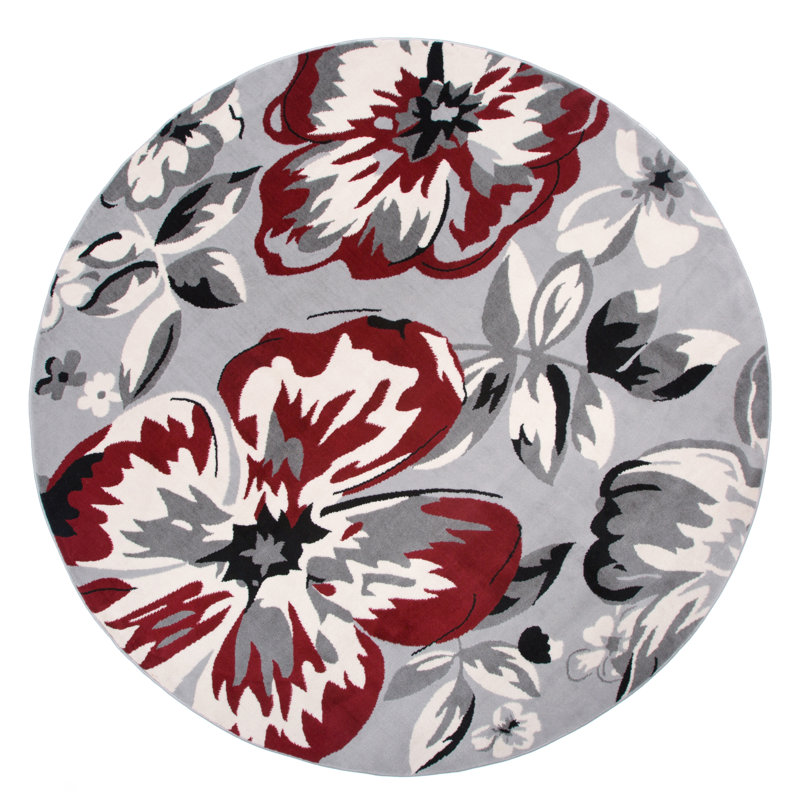 Rooshi Floral Gray/Red Area Rug, Round 6'6" 