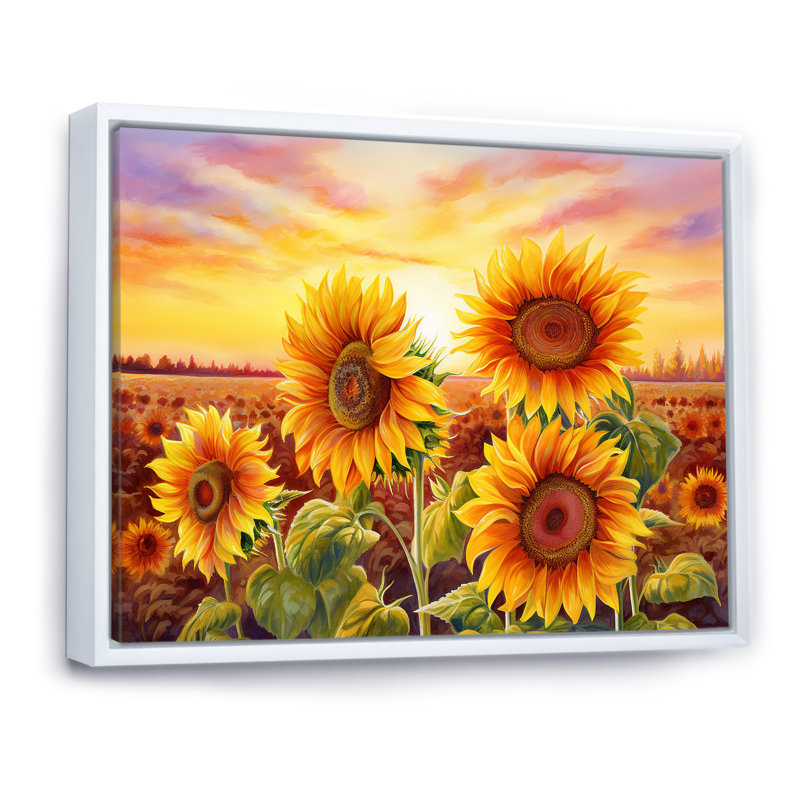 «Burning Sunset Sunflowers Field» sur toile, H 16 po x l 32 po x P 1 po, Cadre flottant blanc