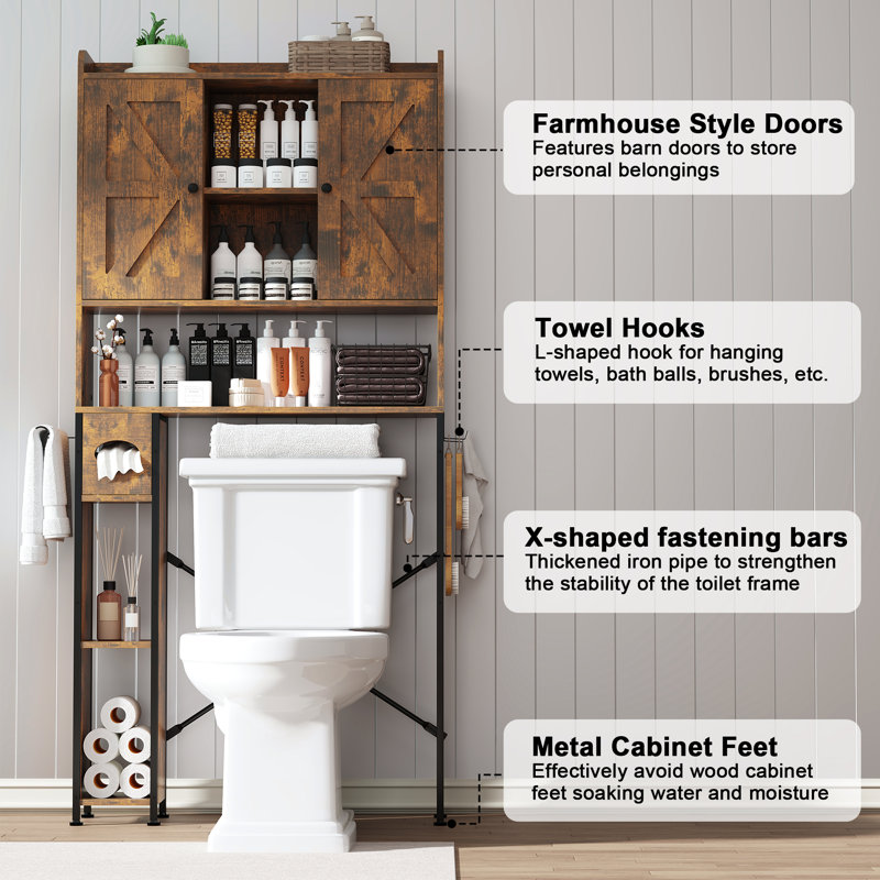 Freestanding Over The Toilet Storage Cabinet With Adjustable Shelves, Wood Bathroom Storage Cabinet, Farmhouse Bathroom Organizer With 2 Barn Doors