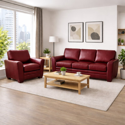 Ensemble de canapé et de chaise en cuir de qualité supérieure Nadin avec coussins de dossier moelleux de couleur bourgogne