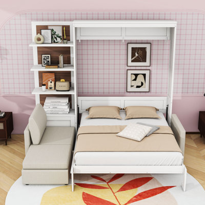 Lit escamotable en bois avec canapé et rangement