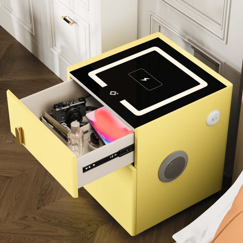 Table de chevet intelligente à 1 tiroir avec assurance, recharge sans fil, port USB, haut-parleur Bluetooth et lumière DEL