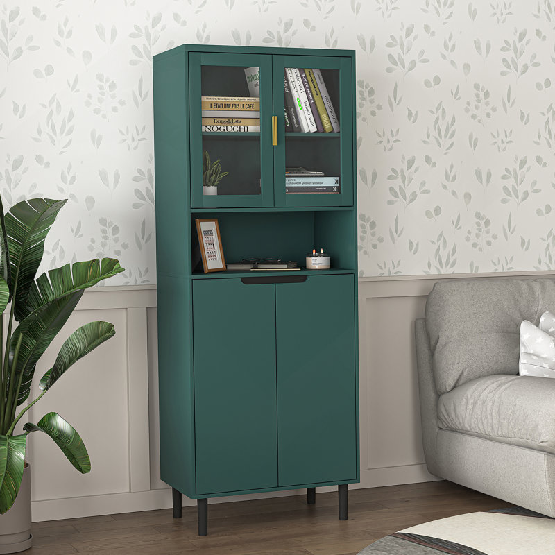  Grande armoire de rangement à 4 portes avec étagère réglable en verre trempé pour le salon, Vert