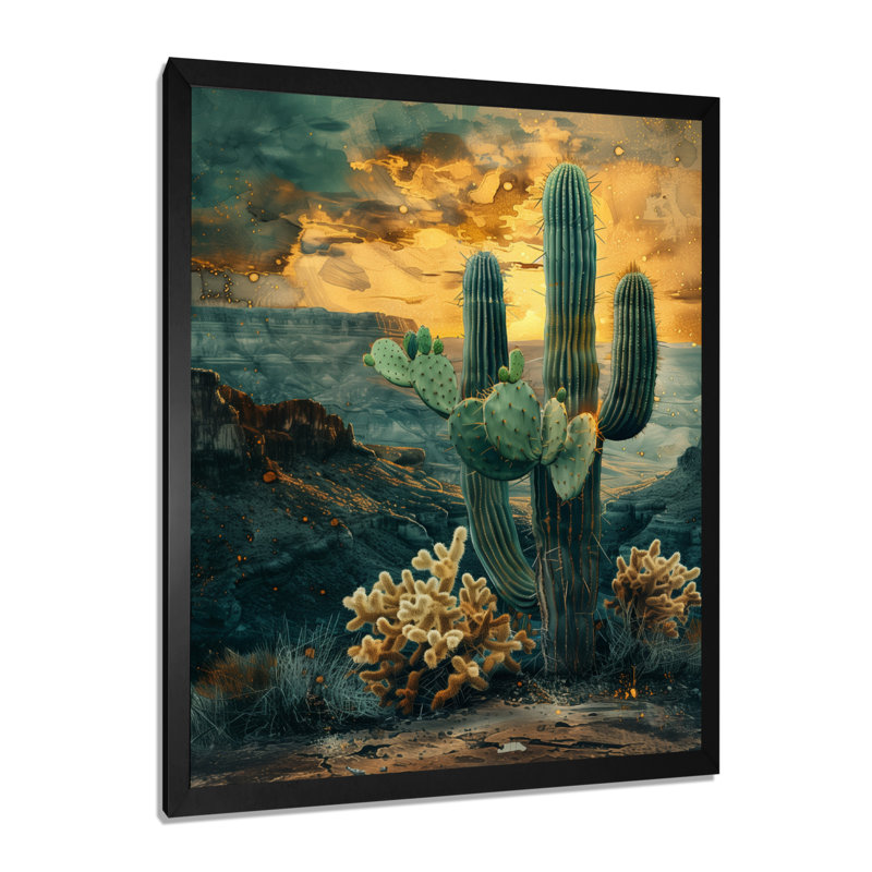 Vert, jaune, gardian du désert, cactus I, Toile encadrée noire simple, H 20 po x l 12 po x P 1 po