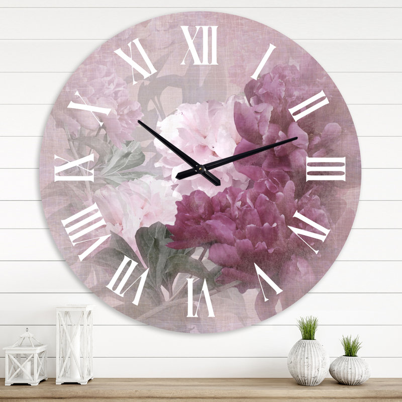 Horloge murale rétro - fleurs mauves et roses II, Surdimensionné