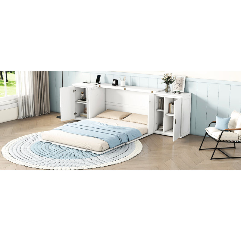 Grand lit blanc avec options de rangement - Polyvalent pour les armoires peu encombrantes, idéal pour le travail au bureau