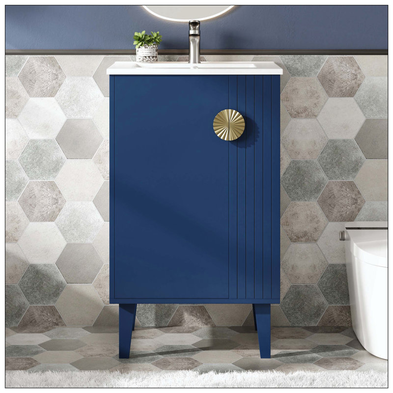 Meuble-lavabo autoportant de style français avec poignées de porte à fermeture en douceur, Bleu