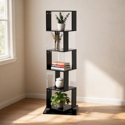 63-Inch 5-Tier Rotating Acrylic Floor-Standing Bookshelf – 360-Degree Minimalist Single-Sided Display Cabinet – Versatile Storage Bookcase for Bedroom, Living Room, or Study
