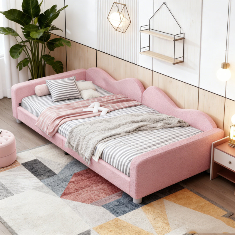 Lit de jour rembourré, canapé en sherpa avec dossier en forme de nuage, Lit simple, Rose