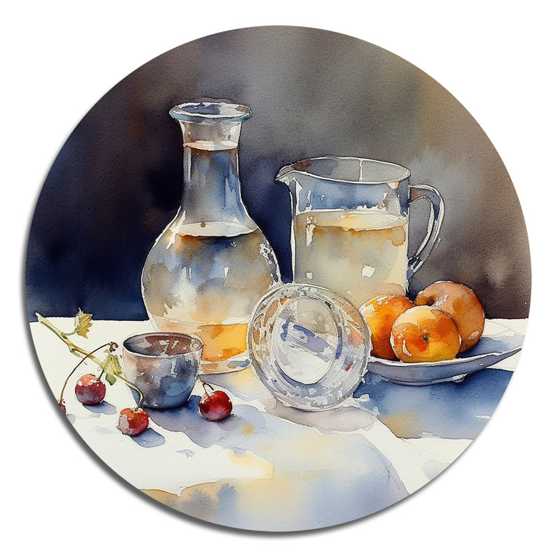 Simple nature morte fruits et pichets III - charme campagnard rond en métal, H 29 po x l 29 po